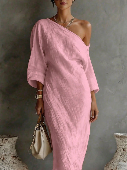 Women's Loose Fit Ankle-Length Textured Off-Shoulder Dress,Soft Pink,Summer,Casual,Vacation,Relaxed Silhouette Comfortable Daily Wear Versatile Style