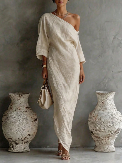 Women's Loose Fit Ankle-Length Textured Off-Shoulder Dress,Soft Pink,Summer,Casual,Vacation,Relaxed Silhouette Comfortable Daily Wear Versatile Style
