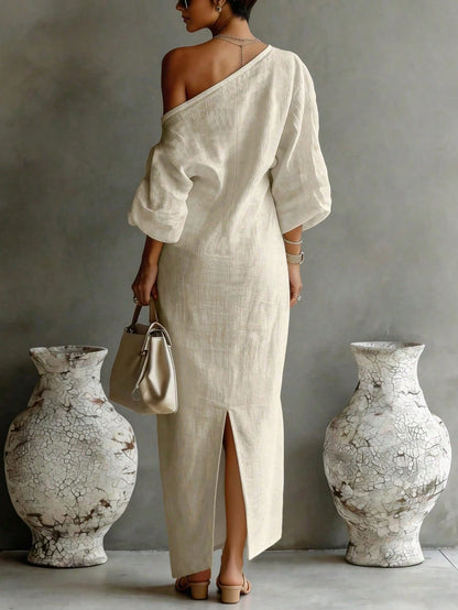 Women's Loose Fit Ankle-Length Textured Off-Shoulder Dress,Soft Pink,Summer,Casual,Vacation,Relaxed Silhouette Comfortable Daily Wear Versatile Style