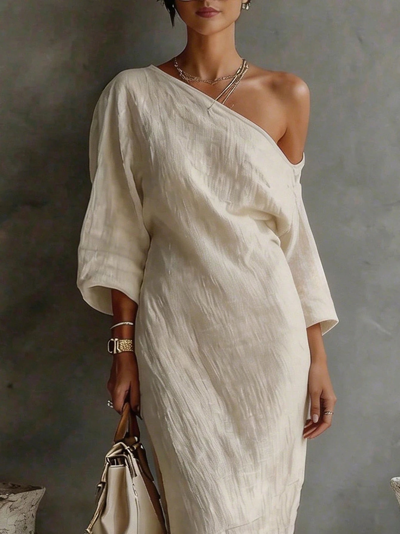 Women's Loose Fit Ankle-Length Textured Off-Shoulder Dress,Soft Pink,Summer,Casual,Vacation,Relaxed Silhouette Comfortable Daily Wear Versatile Style