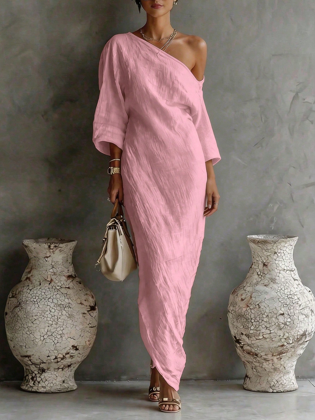Women's Loose Fit Ankle-Length Textured Off-Shoulder Dress,Soft Pink,Summer,Casual,Vacation,Relaxed Silhouette Comfortable Daily Wear Versatile Style
