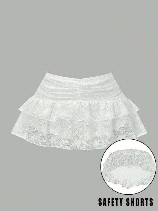 Women's Low Waist Lace Ruffle Layered Pleated Cute Cake Skirt, Suitable For Parties, Shopping, And Gatherings, White Mini Skirt Casual Summer
