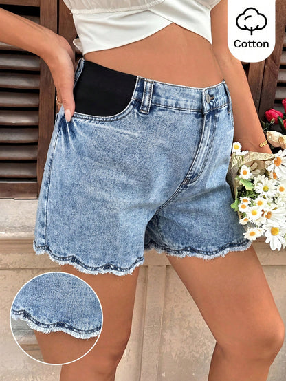 Women's Maternity Blue Summer Casual Distressed Denim Shorts,Frayed Hem Loose Fit With Stretchy Side Panels,Vacation & Commute Y2k Streetwear