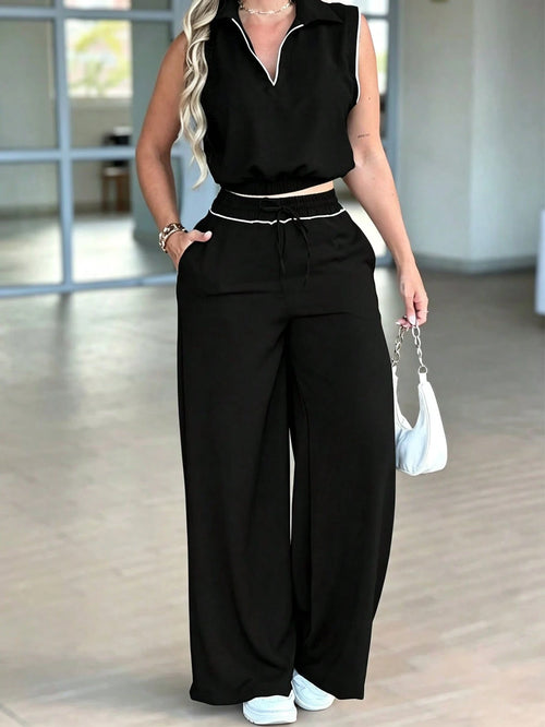Women's Minimalist Commuter Casual 2-Piece Set, Sleeveless High Waist Collared Top With Pockets And Faux Drawstring, Spring/Summer Black Elegant