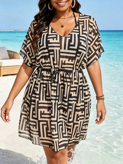 Women's New Plus Size Black And White Maze Pattern Waist Drawstring To Conceal Flesh And Show Off Slimming Swimsuit Cover Up Shirt