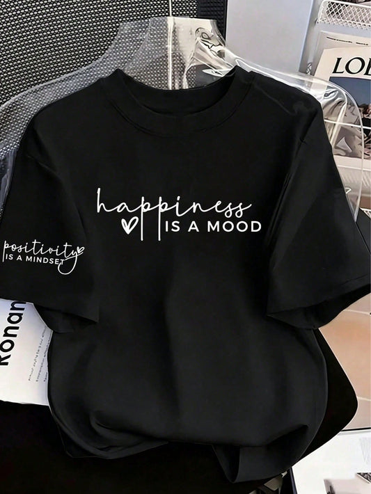 Women's New Summer Regular Length Knitted Fabric T-Shirt With Positive & Happy Quotes, Simple & Fashionable Casual Black