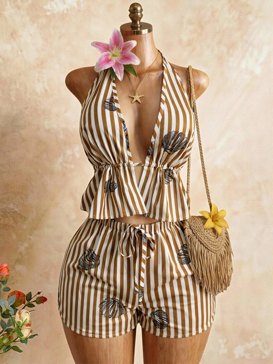 Women's New Vacation Style Khaki White Striped Deep V-Neck Tie Strap Camisole Top Paired With Drawstring Waist Beach Shorts, Summer Ladies Set Elegant