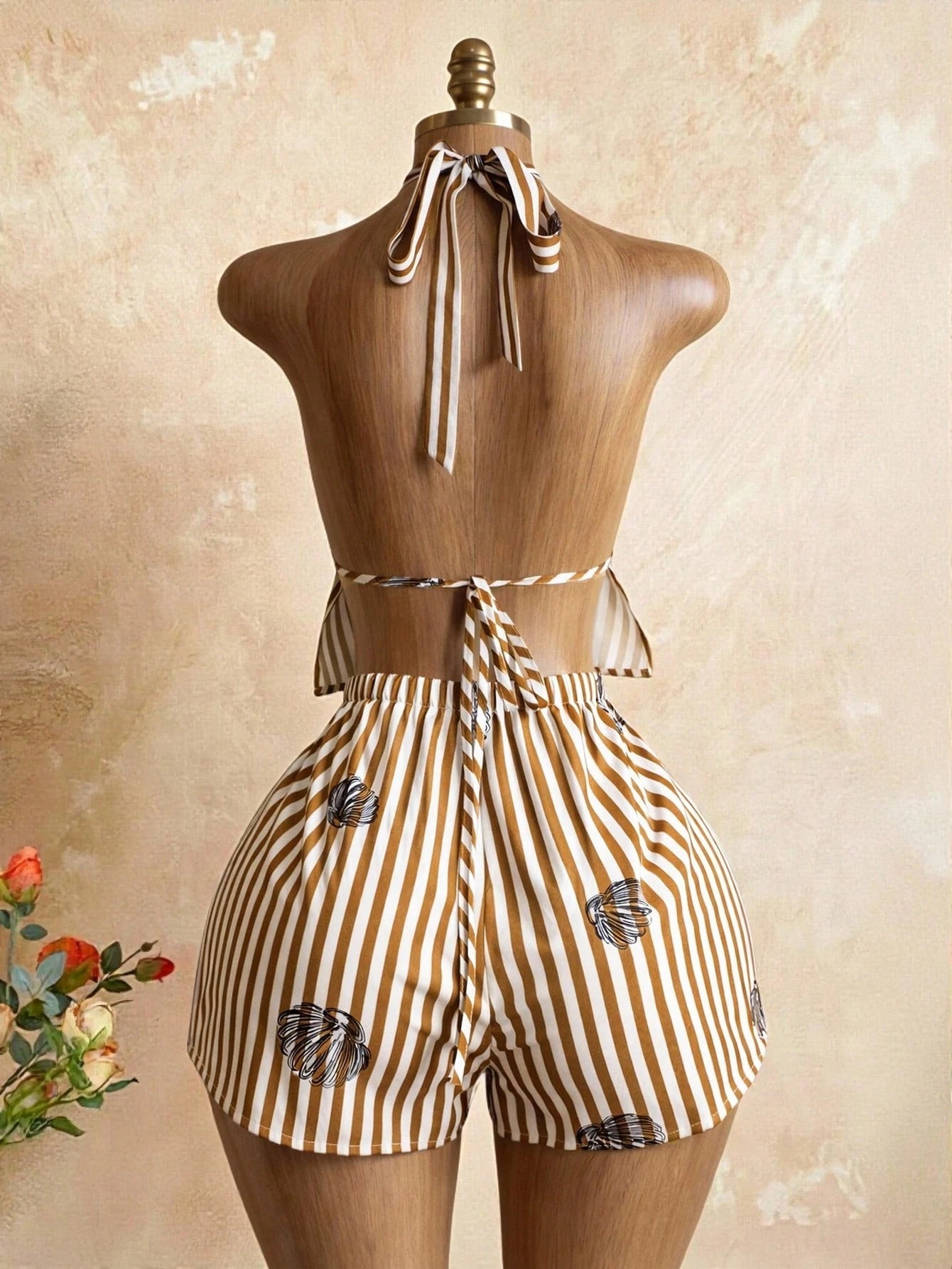 Women's New Vacation Style Khaki White Striped Deep V-Neck Tie Strap Camisole Top Paired With Drawstring Waist Beach Shorts, Summer Ladies Set Elegant
