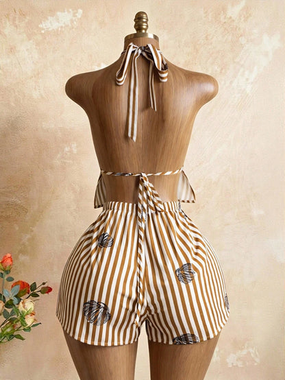 Women's New Vacation Style Khaki White Striped Deep V-Neck Tie Strap Camisole Top Paired With Drawstring Waist Beach Shorts, Summer Ladies Set Elegant