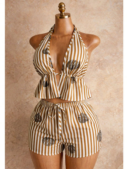 Women's New Vacation Style Khaki White Striped Deep V-Neck Tie Strap Camisole Top Paired With Drawstring Waist Beach Shorts, Summer Ladies Set Elegant