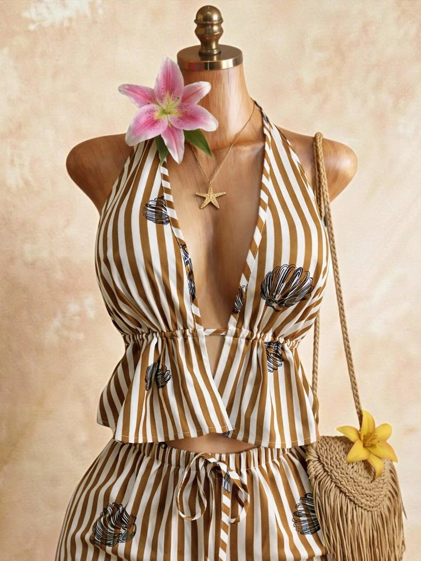 Women's New Vacation Style Khaki White Striped Deep V-Neck Tie Strap Camisole Top Paired With Drawstring Waist Beach Shorts, Summer Ladies Set Elegant