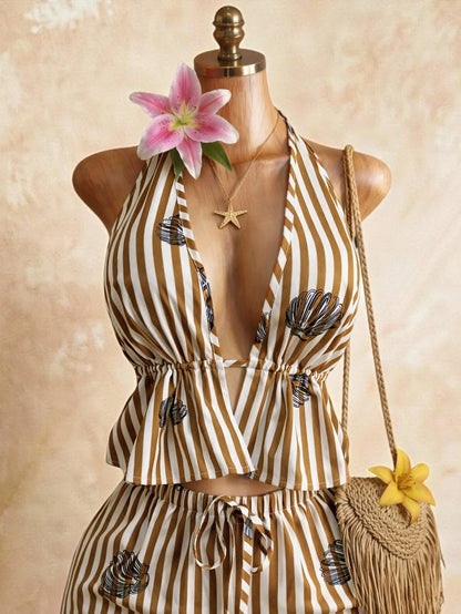Women's New Vacation Style Khaki White Striped Deep V-Neck Tie Strap Camisole Top Paired With Drawstring Waist Beach Shorts, Summer Ladies Set Elegant