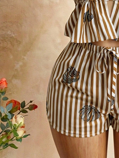 Women's New Vacation Style Khaki White Striped Deep V-Neck Tie Strap Camisole Top Paired With Drawstring Waist Beach Shorts, Summer Ladies Set Elegant