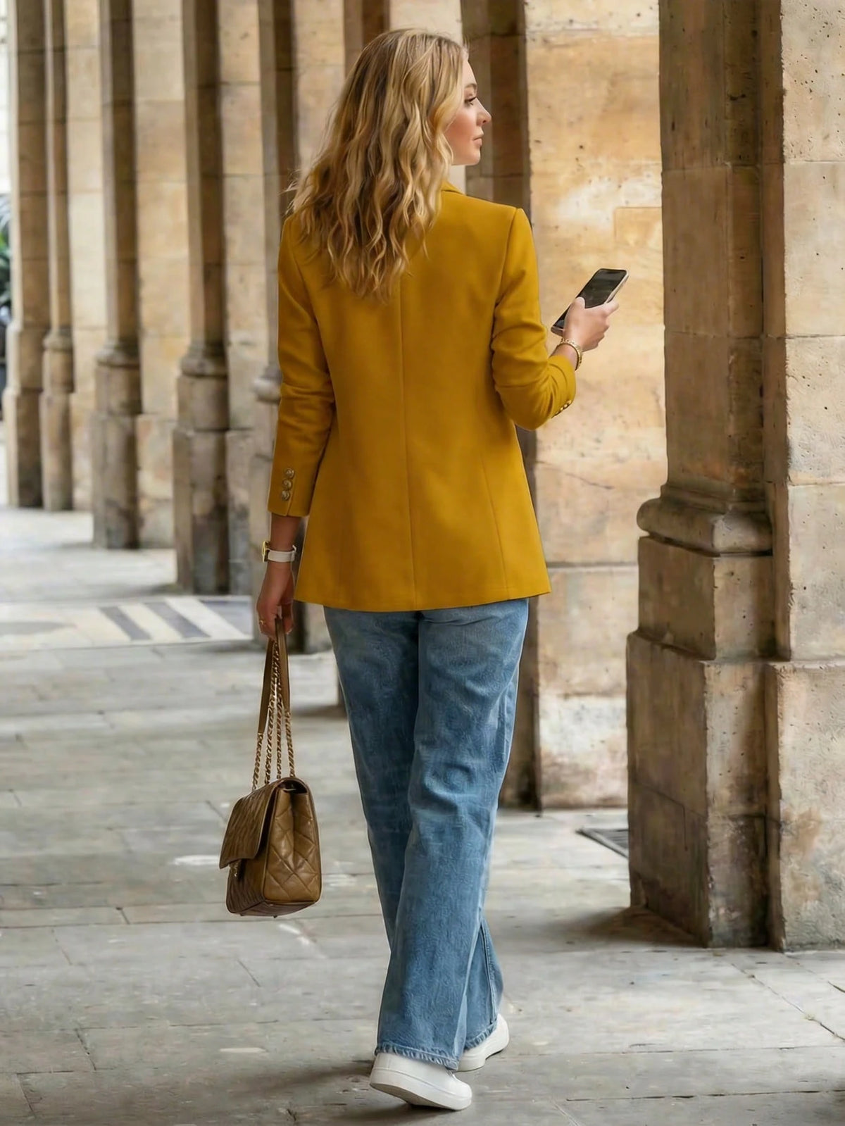 Women's Notched Lapel Open Front Cuff Decorative Gold Buttons Mid-Length Blazer|Blazer For Women|Business Casual Woman|Fall Clothes For Women
