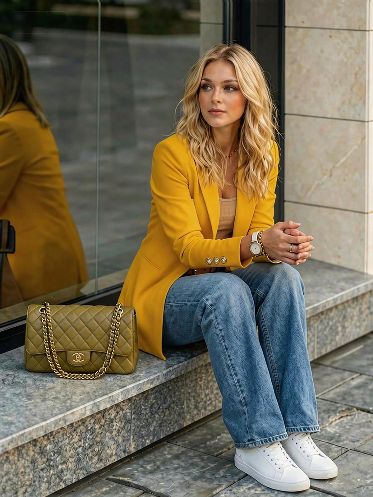 Women's Notched Lapel Open Front Cuff Decorative Gold Buttons Mid-Length Blazer|Blazer For Women|Business Casual Woman|Fall Clothes For Women