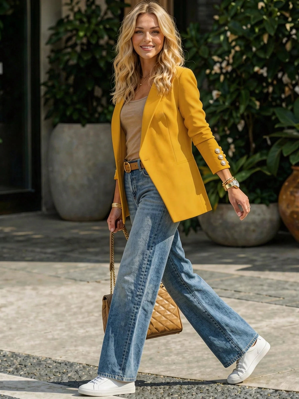 Women's Notched Lapel Open Front Cuff Decorative Gold Buttons Mid-Length Blazer|Blazer For Women|Business Casual Woman|Fall Clothes For Women