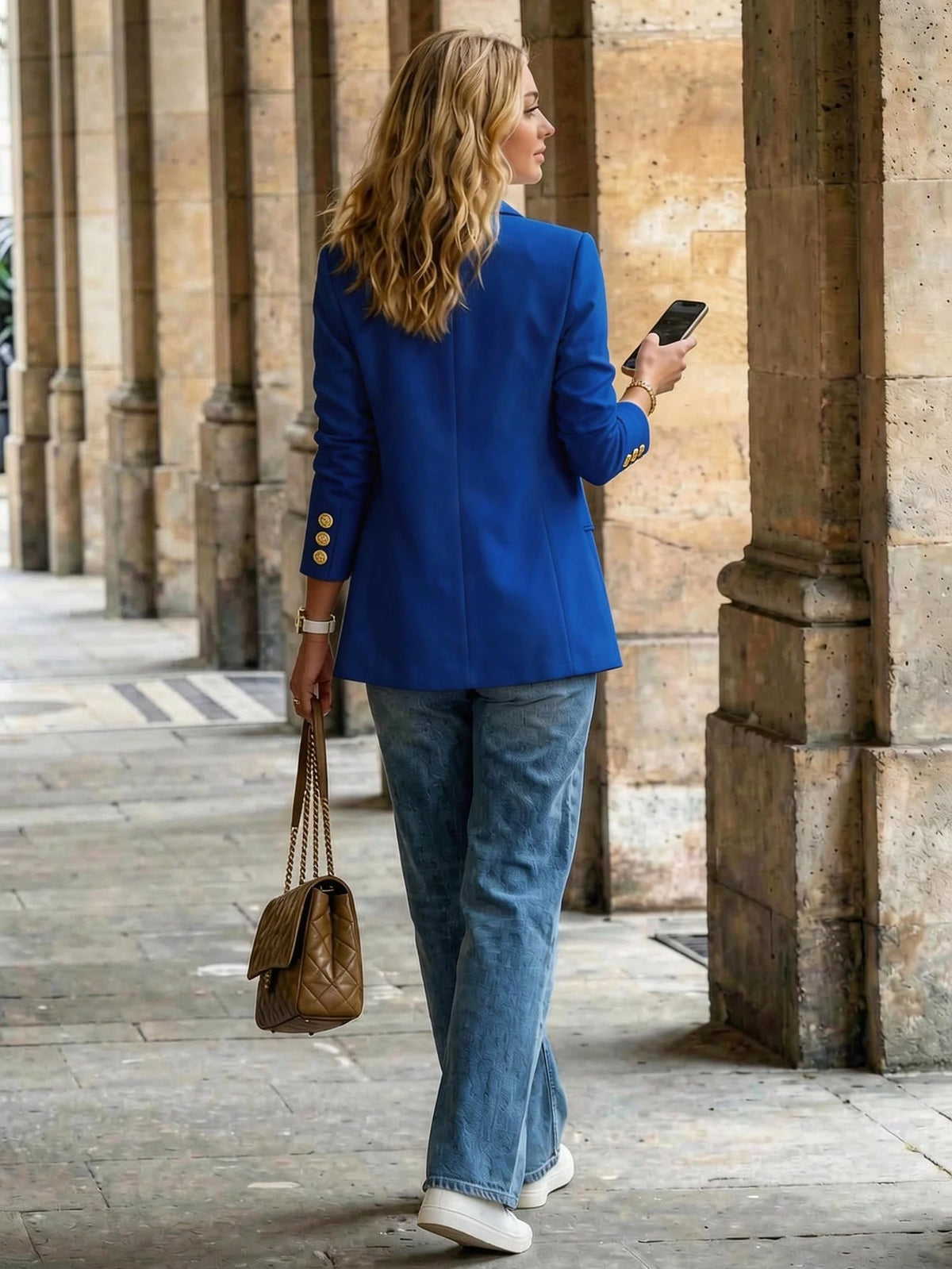 Women's Notched Lapel Open Front Cuff Decorative Gold Buttons Mid-Length Blazer|Blazer For Women|Business Casual Woman|Fall Clothes For Women