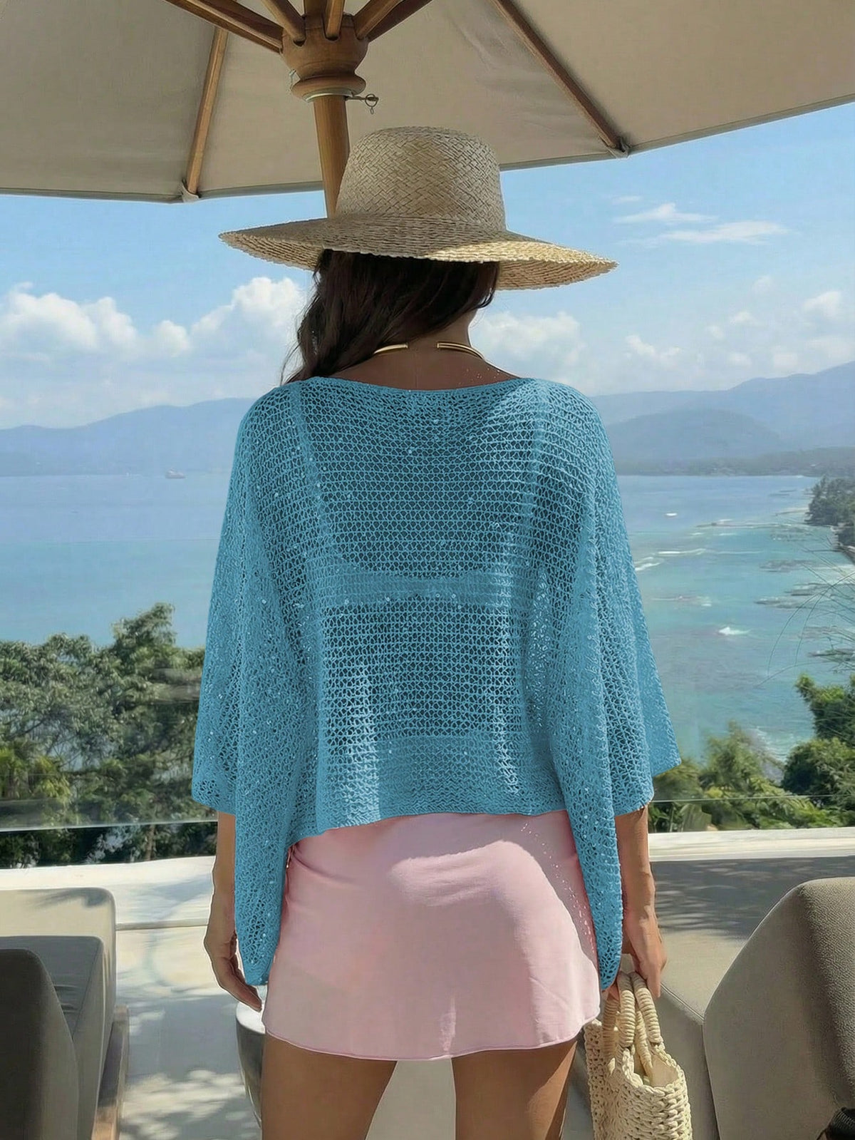 Women's Pink Knit Hollow-Out Sequin Round Neck Solid Semi-Sheer Hooded Top Casual Vacation Beach Wear Summer