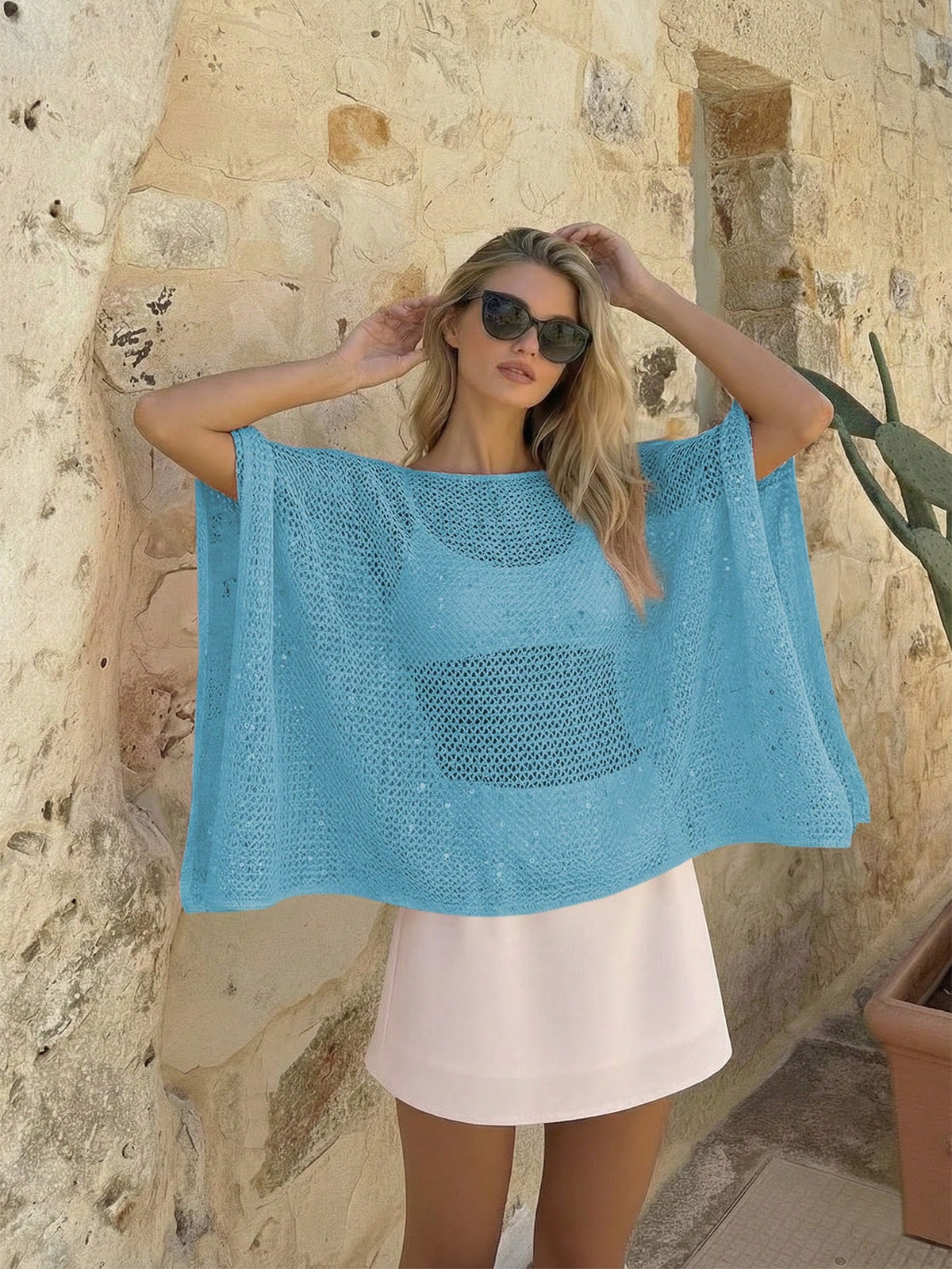 Women's Pink Knit Hollow-Out Sequin Round Neck Solid Semi-Sheer Hooded Top Casual Vacation Beach Wear Summer