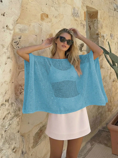 Women's Pink Knit Hollow-Out Sequin Round Neck Solid Semi-Sheer Hooded Top Casual Vacation Beach Wear Summer