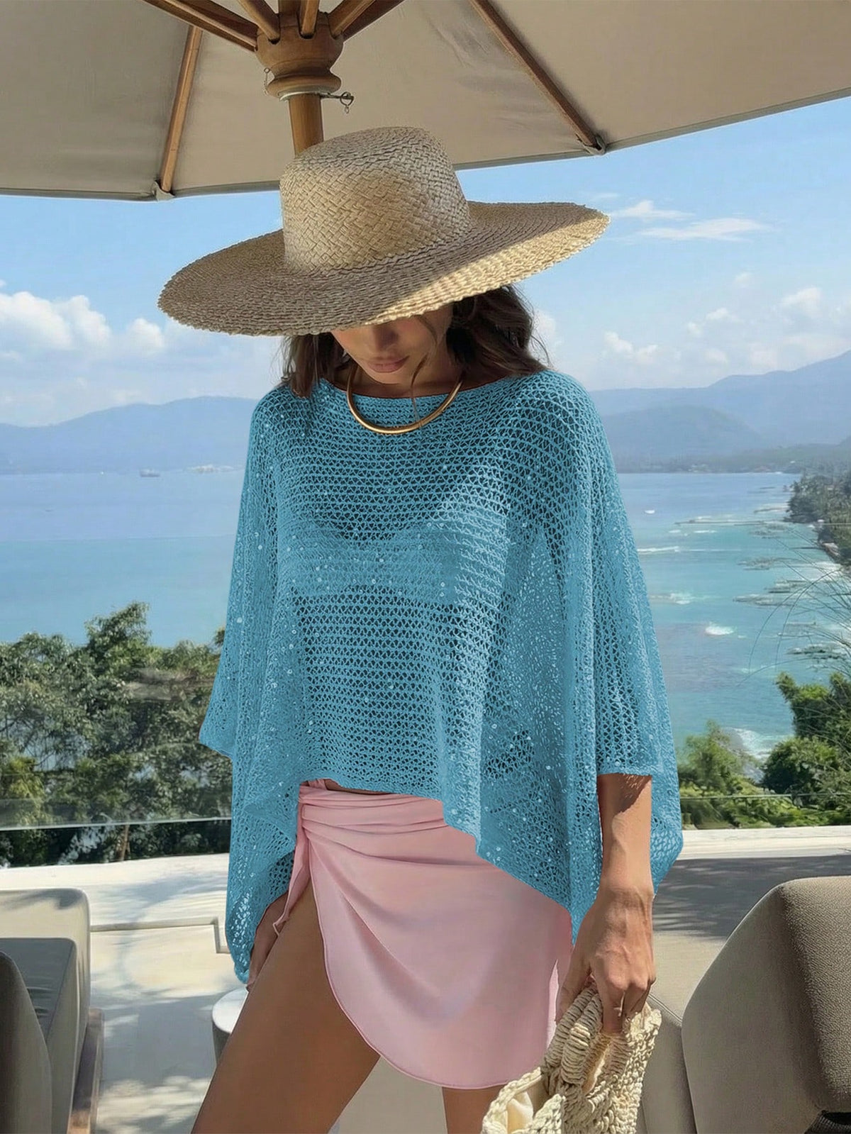 Women's Pink Knit Hollow-Out Sequin Round Neck Solid Semi-Sheer Hooded Top Casual Vacation Beach Wear Summer