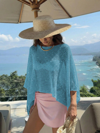 Women's Pink Knit Hollow-Out Sequin Round Neck Solid Semi-Sheer Hooded Top Casual Vacation Beach Wear Summer