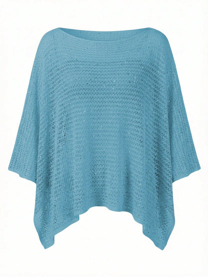 Women's Pink Knit Hollow-Out Sequin Round Neck Solid Semi-Sheer Hooded Top Casual Vacation Beach Wear Summer