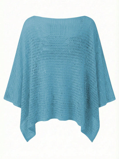 Women's Pink Knit Hollow-Out Sequin Round Neck Solid Semi-Sheer Hooded Top Casual Vacation Beach Wear Summer