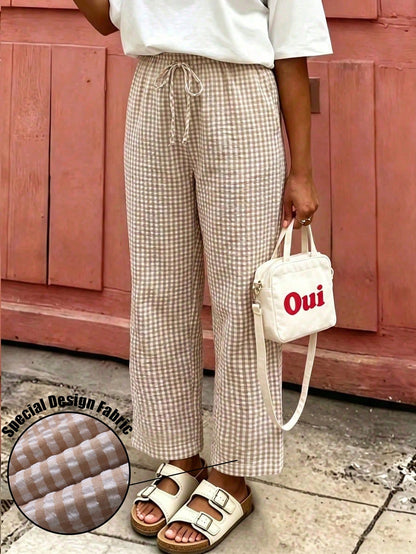 Women's Plaid Wide Leg Pants With Bow Waist, Summer Bohemian Style Long Pants, Suitable For Back To School, Commuting, Beach And Daily Wear