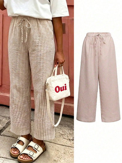 Women's Plaid Wide Leg Pants With Bow Waist, Summer Bohemian Style Long Pants, Suitable For Back To School, Commuting, Beach And Daily Wear
