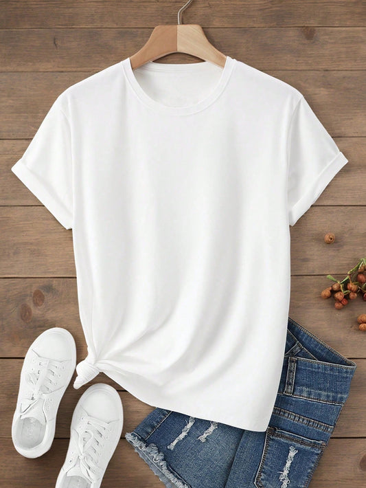 Women's Plain White Short Sleeve T-Shirt, Women's Round Neck Comfortable Casual Sports T-Shirt, Women's White Top, Spring/Summer