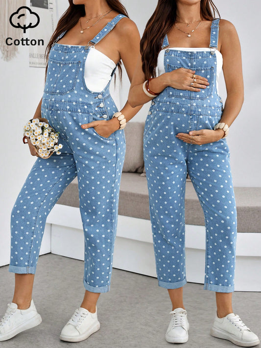 Women's Polka Dot Maternity Denim Overalls,Dusty Blue Adjustable Bib Pants For Expecting Moms,Summer Casual Jumpsuit For Baby Shower,Beach & Vacation