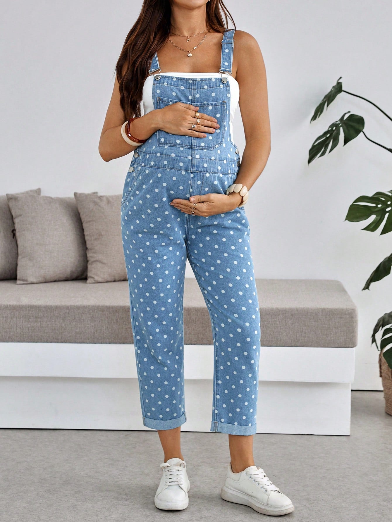 Women's Polka Dot Maternity Denim Overalls,Dusty Blue Adjustable Bib Pants For Expecting Moms,Summer Casual Jumpsuit For Baby Shower,Beach & Vacation