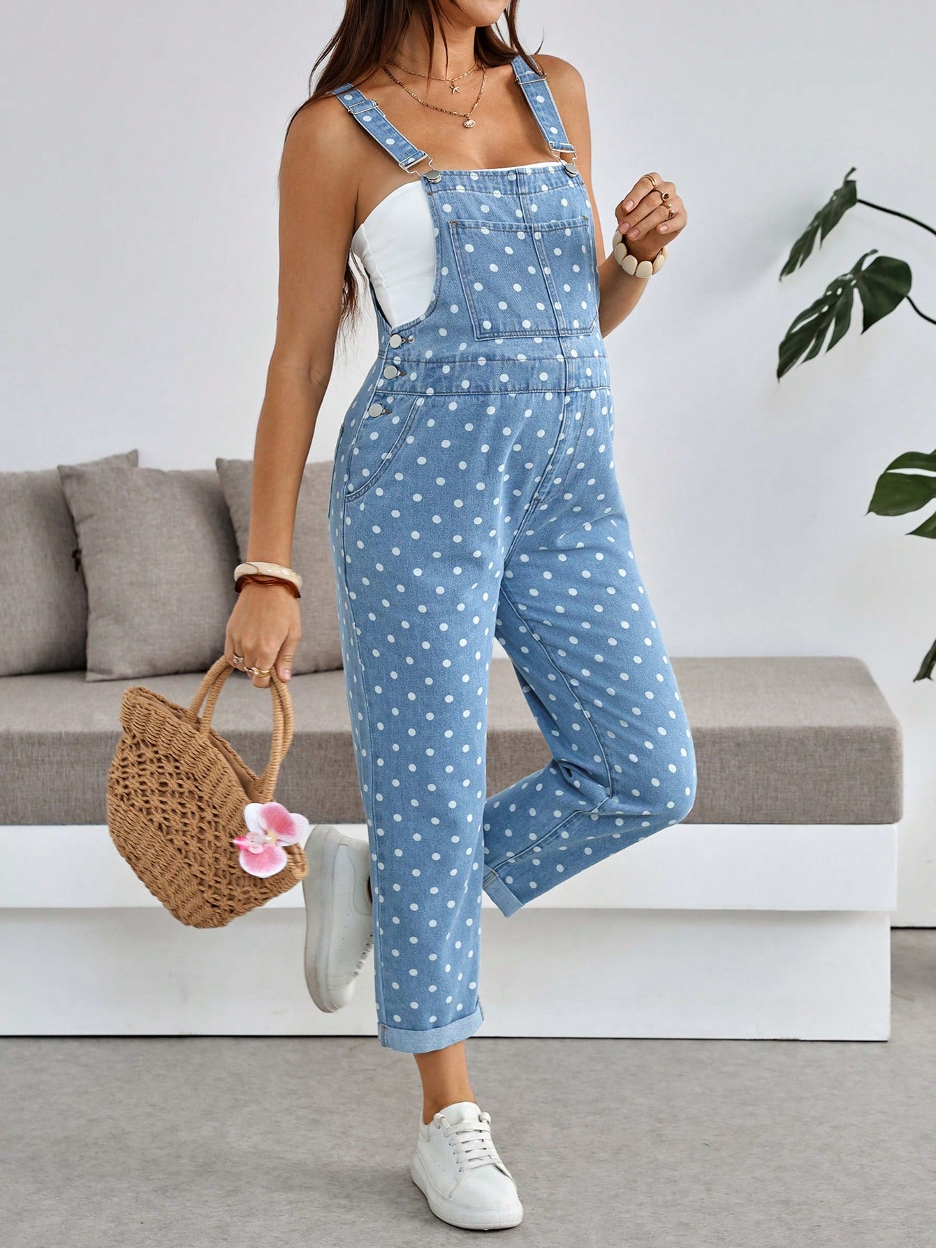 Women's Polka Dot Maternity Denim Overalls,Dusty Blue Adjustable Bib Pants For Expecting Moms,Summer Casual Jumpsuit For Baby Shower,Beach & Vacation