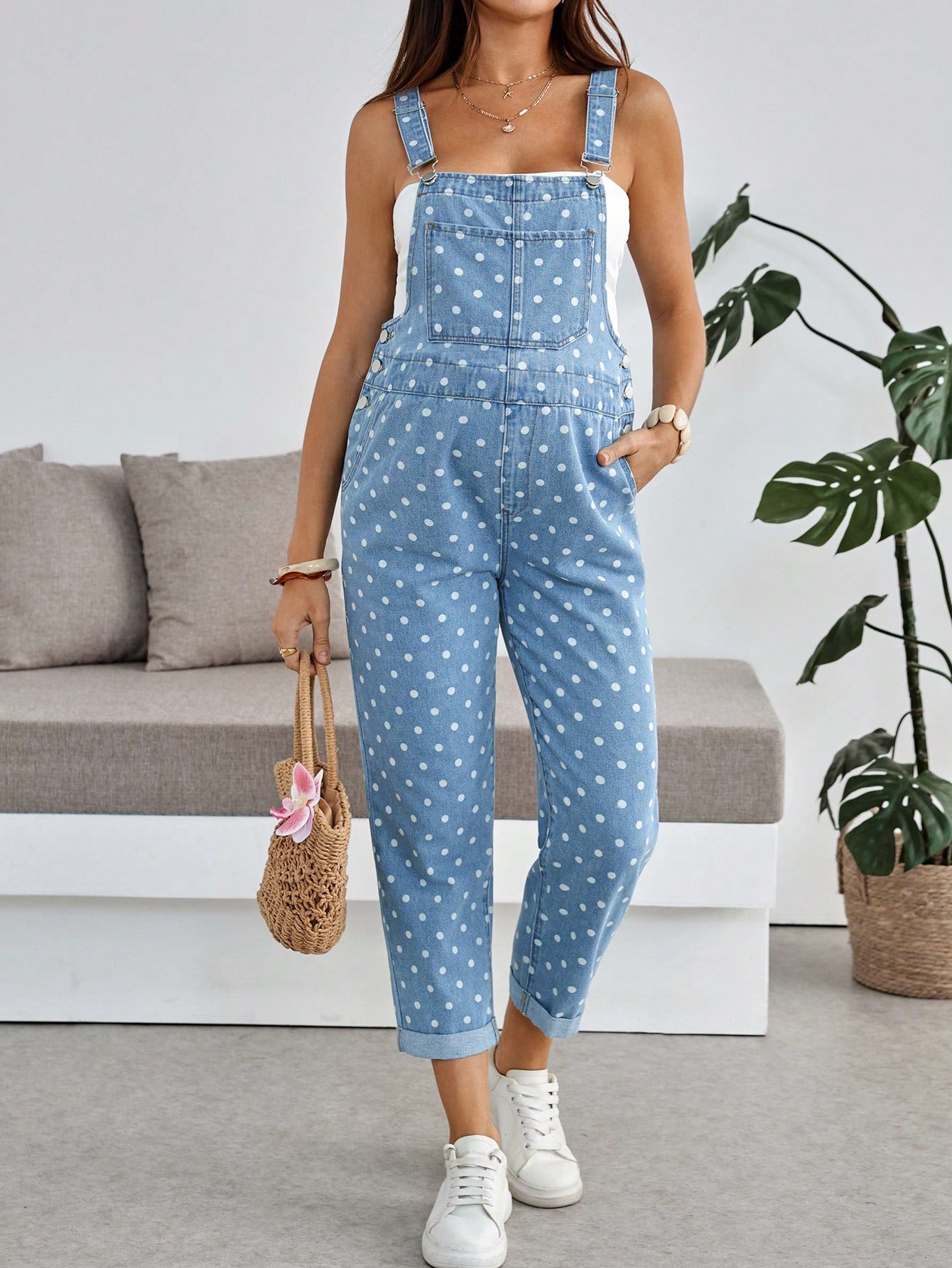 Women's Polka Dot Maternity Denim Overalls,Dusty Blue Adjustable Bib Pants For Expecting Moms,Summer Casual Jumpsuit For Baby Shower,Beach & Vacation