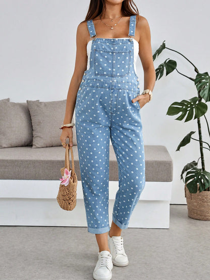 Women's Polka Dot Maternity Denim Overalls,Dusty Blue Adjustable Bib Pants For Expecting Moms,Summer Casual Jumpsuit For Baby Shower,Beach & Vacation