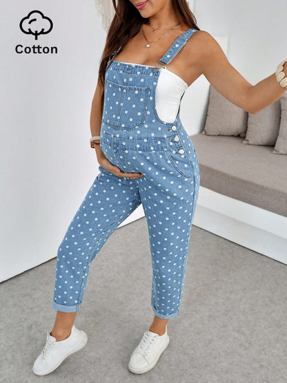 Women's Polka Dot Maternity Denim Overalls,Dusty Blue Adjustable Bib Pants For Expecting Moms,Summer Casual Jumpsuit For Baby Shower,Beach & Vacation