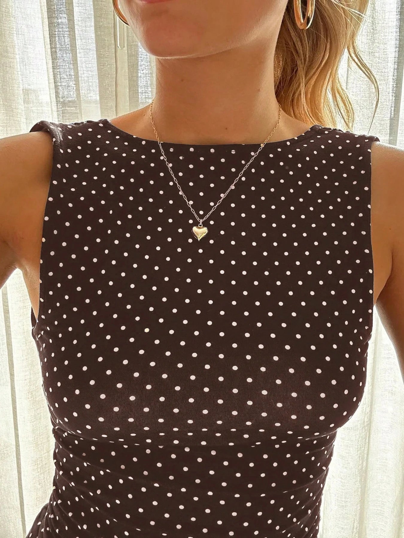 Women's Polka Dot Print Sleeveless A-Line Dress, Elegant Round Neck Bodycon Dress, Summer Outfit, Vintage Chic Style Party Brown