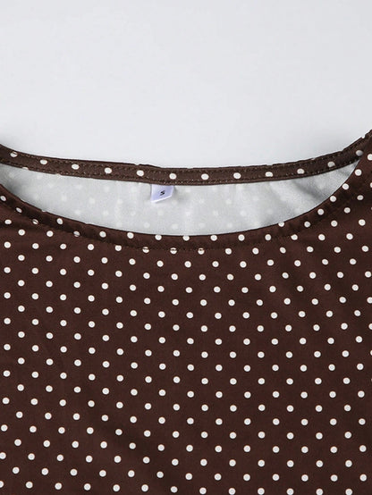 Women's Polka Dot Print Sleeveless A-Line Dress, Elegant Round Neck Bodycon Dress, Summer Outfit, Vintage Chic Style Party Brown