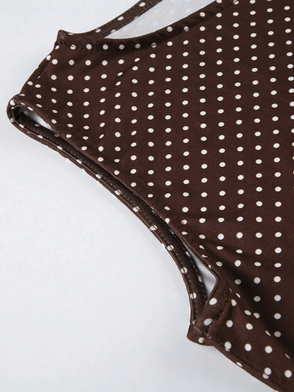 Women's Polka Dot Print Sleeveless A-Line Dress, Elegant Round Neck Bodycon Dress, Summer Outfit, Vintage Chic Style Party Brown