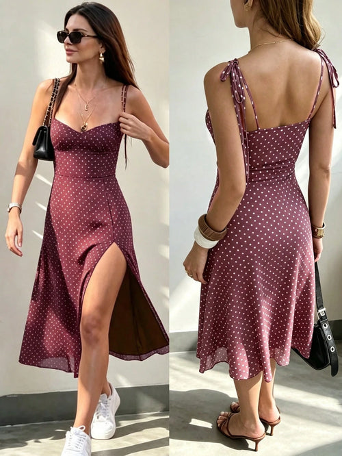 Women's Polka Dot Print Spaghetti Strap Dress, Sweetheart Neck Dress, Retro Elegant Mid-Length Dress Brown, French Girl Style Party