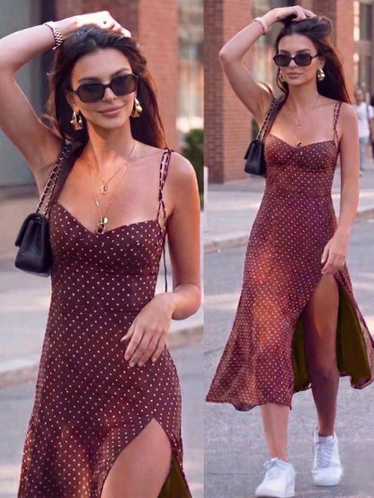 Women's Polka Dot Print Spaghetti Strap Dress, Sweetheart Neck Dress, Retro Elegant Mid-Length Dress Brown, French Girl Style Party