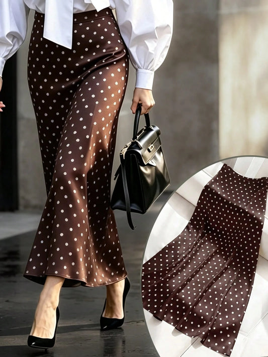 Women's Polka Dot Skirt, Spring/Summer Casual Vacation Skirt, Elegant High Waist Fitted Skirt, Party Brown, French Girl Style