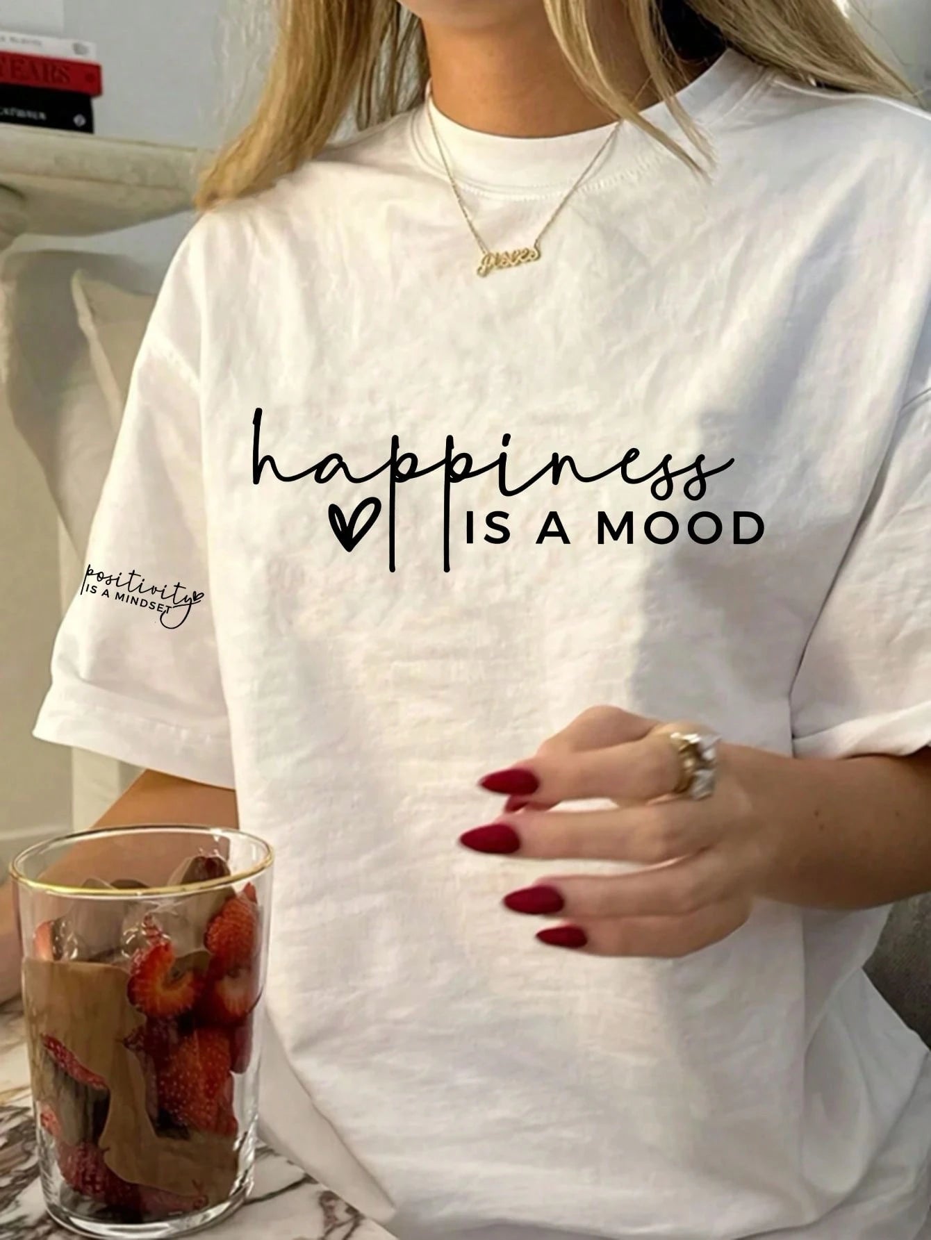 Women's Regular Length Knit Fabric T-Shirt With Positive & Happy Quotes, Minimalist Fashion White