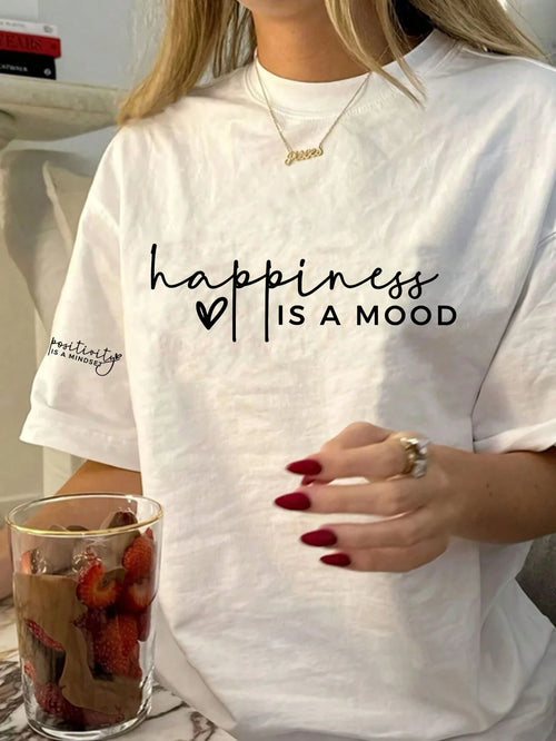 Women's Regular Length Knit Fabric T-Shirt With Positive & Happy Quotes, Minimalist Fashion White