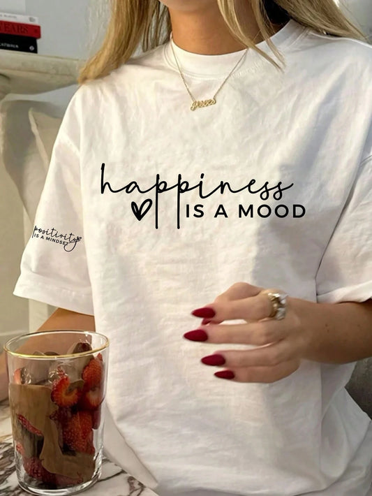 Women's Regular Length Knit Fabric T-Shirt With Positive & Happy Quotes, Minimalist Fashion White