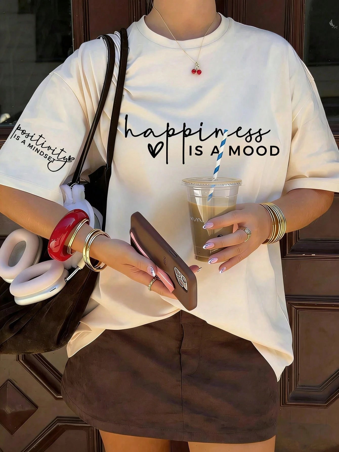 Women's Regular Length Knit Fabric T-Shirt With Positive & Happy Quotes, Minimalist Fashion White
