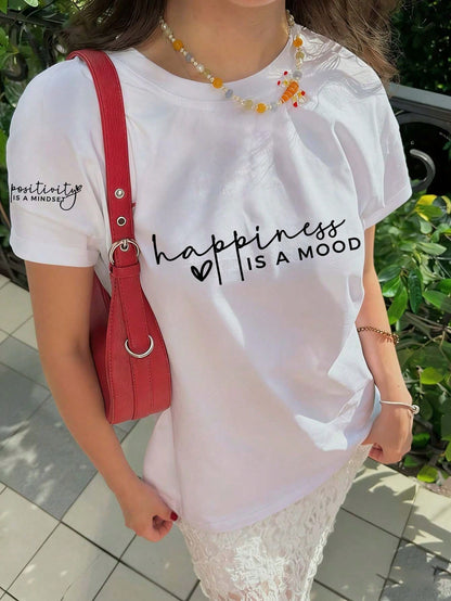 Women's Regular Length Knit Fabric T-Shirt With Positive & Happy Quotes, Minimalist Fashion White