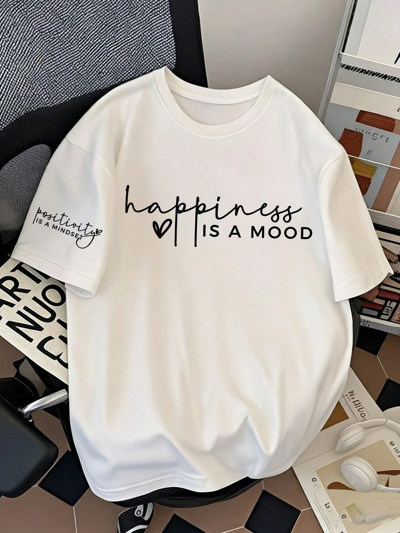 Women's Regular Length Knit Fabric T-Shirt With Positive & Happy Quotes, Minimalist Fashion White