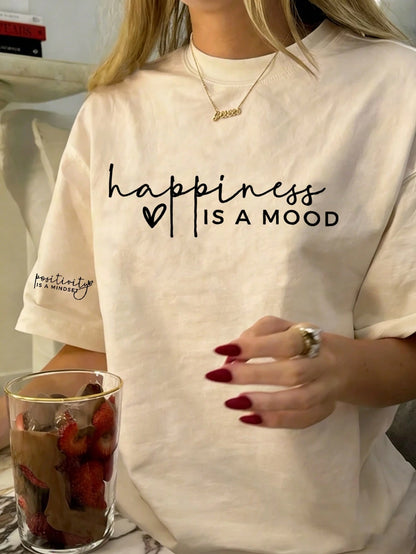 Women's Regular Length Knit Fabric T-Shirt With Positive & Happy Quotes, Minimalist Fashion White